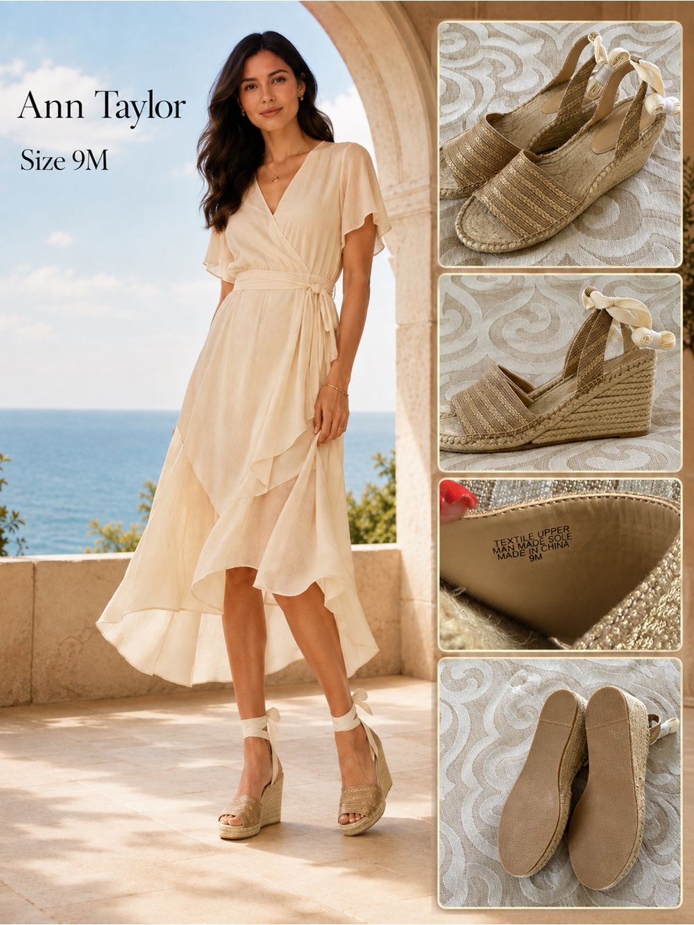 Ann Taylor Gold Metallic Ankle Tie Espadrille Wedge Sandals 9M NWOT